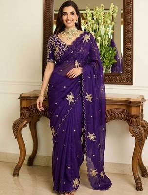 Purple embellished sarees with unstitched blouse piece 5