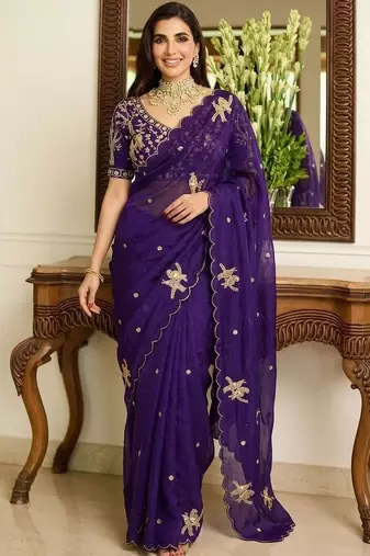 Purple embellished sarees with unstitched blouse piece