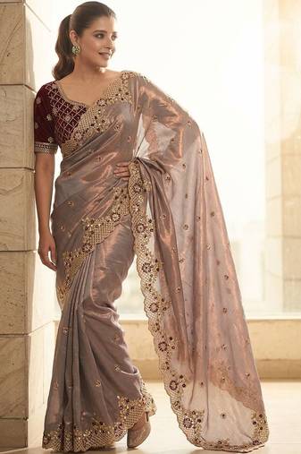 Lavender embroidered sarees with stitched blouse