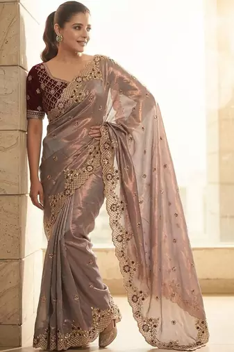 Lavender embroidered sarees with stitched blouse
