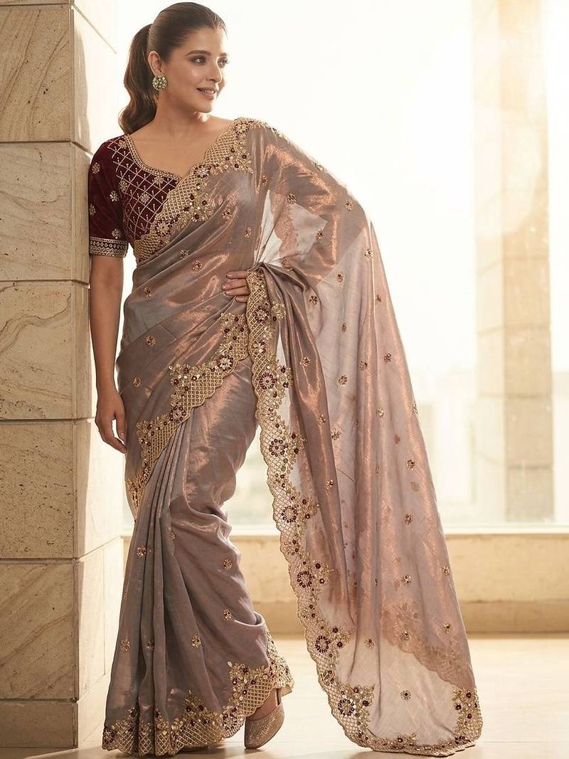 Lavender embroidered sarees with stitched blouse