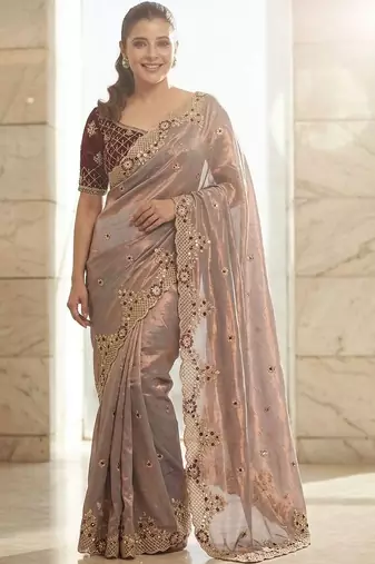 Lavender embroidered sarees with stitched blouse