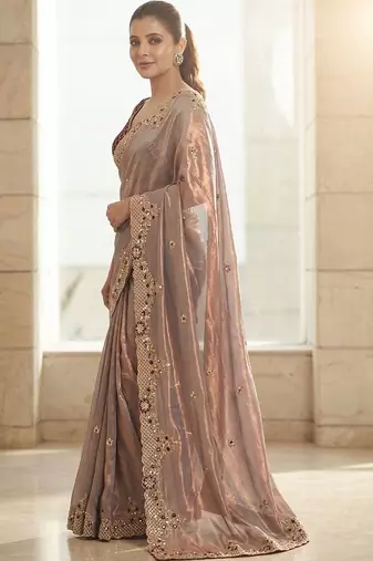 Lavender embroidered sarees with stitched blouse