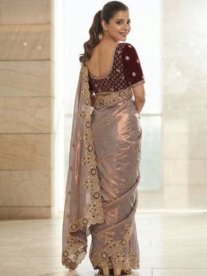 Lavender embroidered sarees with stitched blouse 4