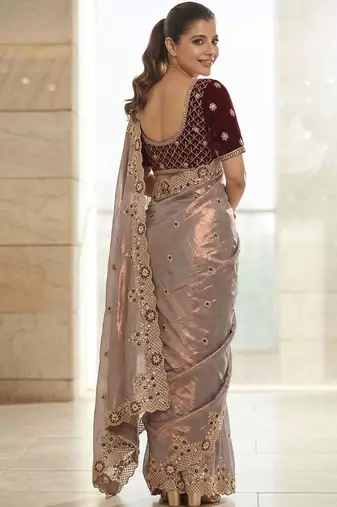 Lavender embroidered sarees with stitched blouse