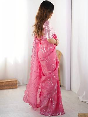 Pink tissue silk sequin embroideried blouse piece & sarees 2