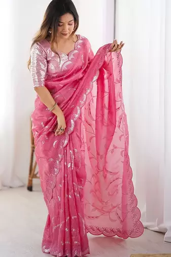 Pink tissue silk sequin embroideried blouse piece & sarees