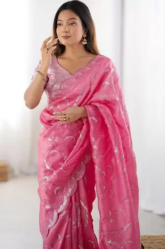 Pink tissue silk sequin embroideried blouse piece & sarees