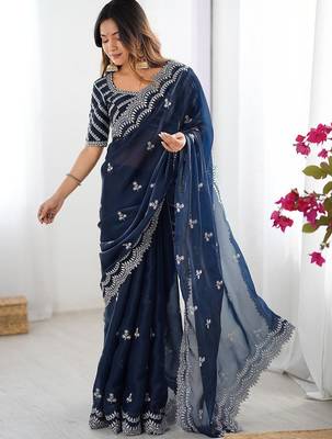 Blue tissue silk sequin embroideried blouse piece & sarees 1