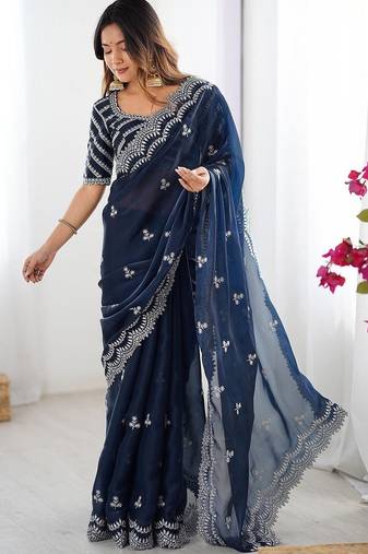 Blue tissue silk sequin embroideried blouse piece & sarees