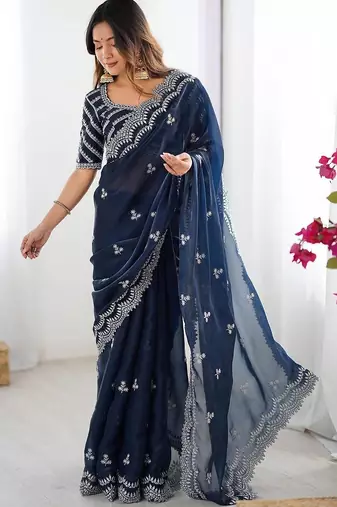 Blue tissue silk sequin embroideried blouse piece & sarees