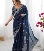 Blue tissue silk sequin embroideried blouse piece & sarees