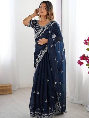 Blue tissue silk sequin embroideried blouse piece & sarees 2