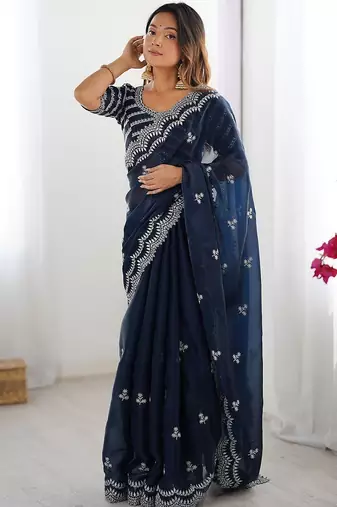 Blue tissue silk sequin embroideried blouse piece & sarees