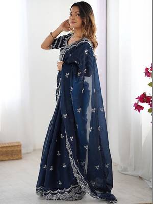 Blue tissue silk sequin embroideried blouse piece & sarees 3