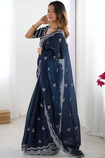 Blue tissue silk sequin embroideried blouse piece & sarees