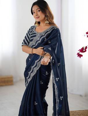 Blue tissue silk sequin embroideried blouse piece & sarees 4