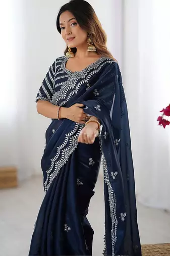 Blue tissue silk sequin embroideried blouse piece & sarees
