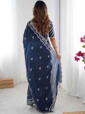 Blue tissue silk sequin embroideried blouse piece & sarees 5