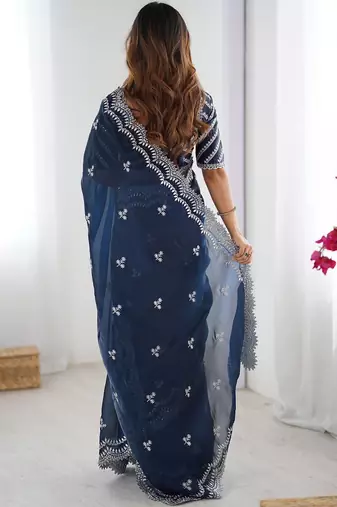 Blue tissue silk sequin embroideried blouse piece & sarees