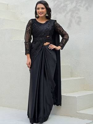 Black embroidered saree with unstitched blouse piece 1