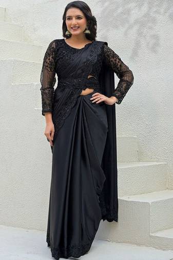 Black embroidered saree with unstitched blouse piece