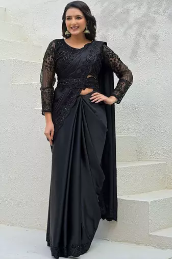 Black embroidered saree with unstitched blouse piece