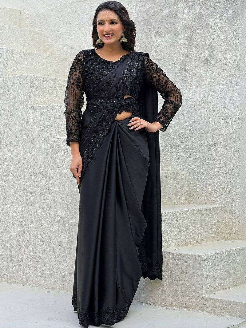 Black embroidered saree with unstitched blouse piece
