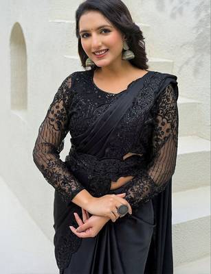 Black embroidered saree with unstitched blouse piece 2