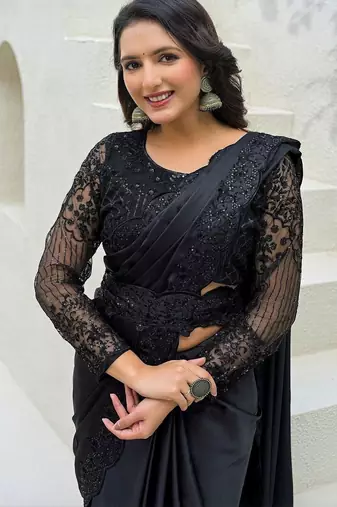 Black embroidered saree with unstitched blouse piece