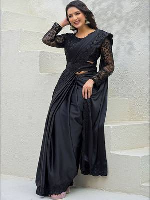 Black embroidered saree with unstitched blouse piece 3
