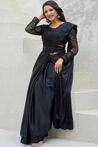Black embroidered saree with unstitched blouse piece