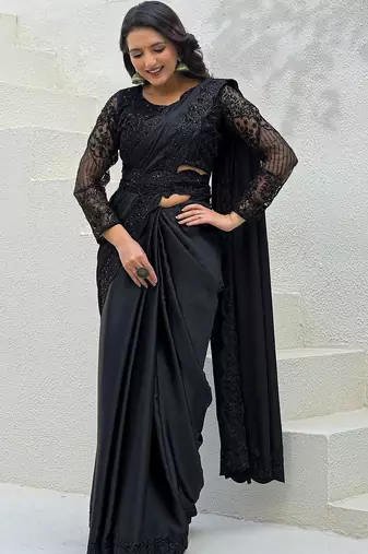 Black embroidered saree with unstitched blouse piece