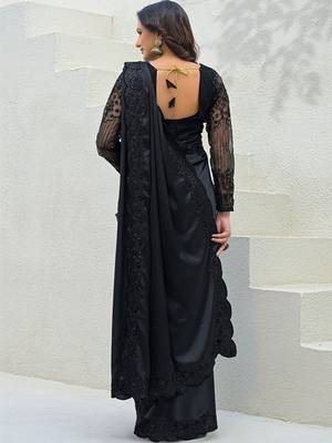 Black embroidered saree with unstitched blouse piece 5