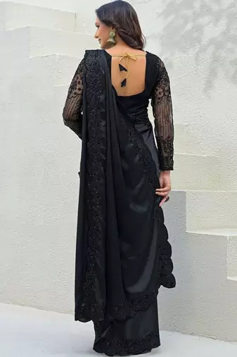 Black embroidered saree with unstitched blouse piece