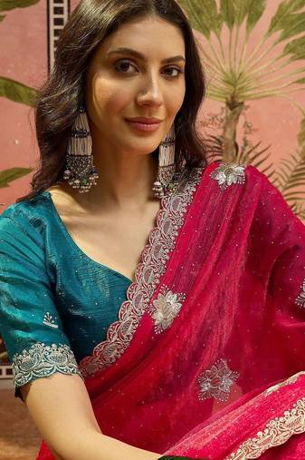 Magenta embroidered silk chiffon sarees