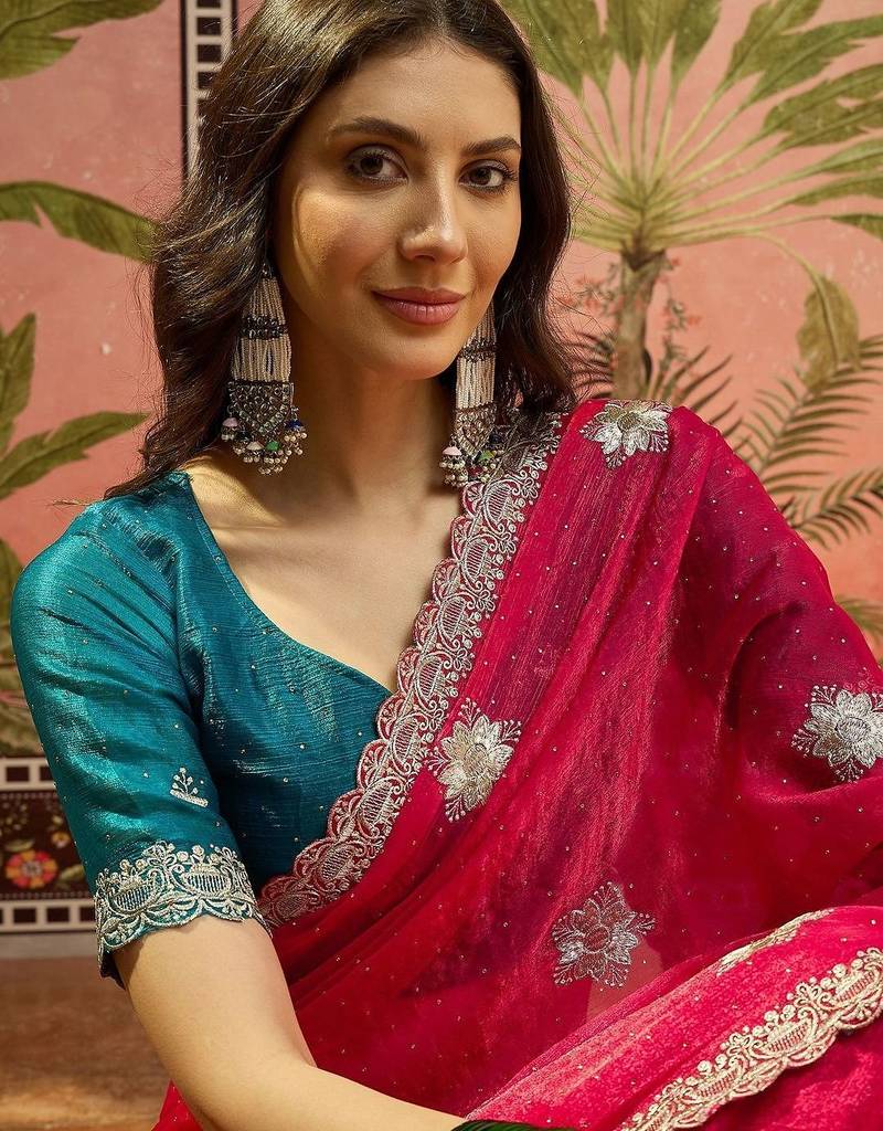 Magenta embroidered silk chiffon sarees