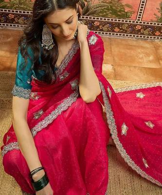 Magenta embroidered silk chiffon sarees 2