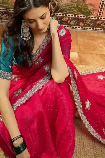 Magenta embroidered silk chiffon sarees