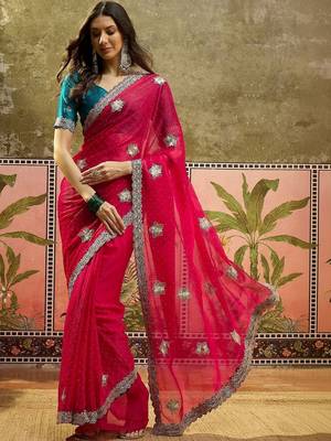 Magenta embroidered silk chiffon sarees 3
