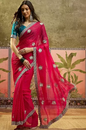Magenta embroidered silk chiffon sarees