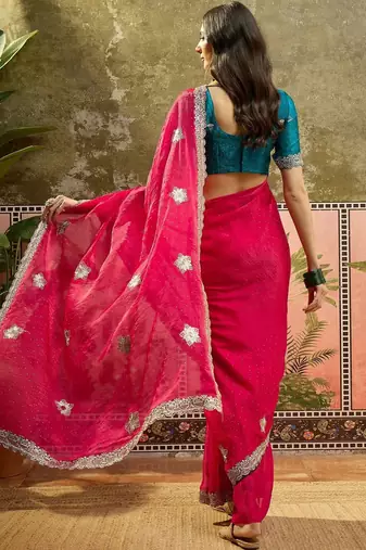 Magenta embroidered silk chiffon sarees