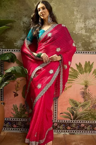 Magenta embroidered silk chiffon sarees