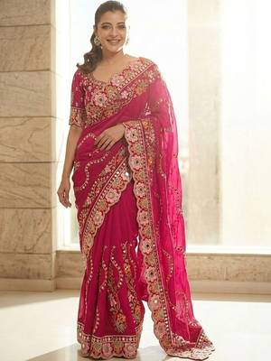 Pink floral embroidered satin saree with blouse piece 1