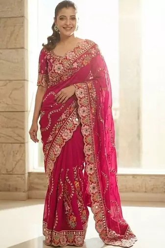 Pink floral embroidered satin saree with blouse piece