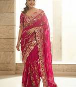 Pink floral embroidered satin saree with blouse piece