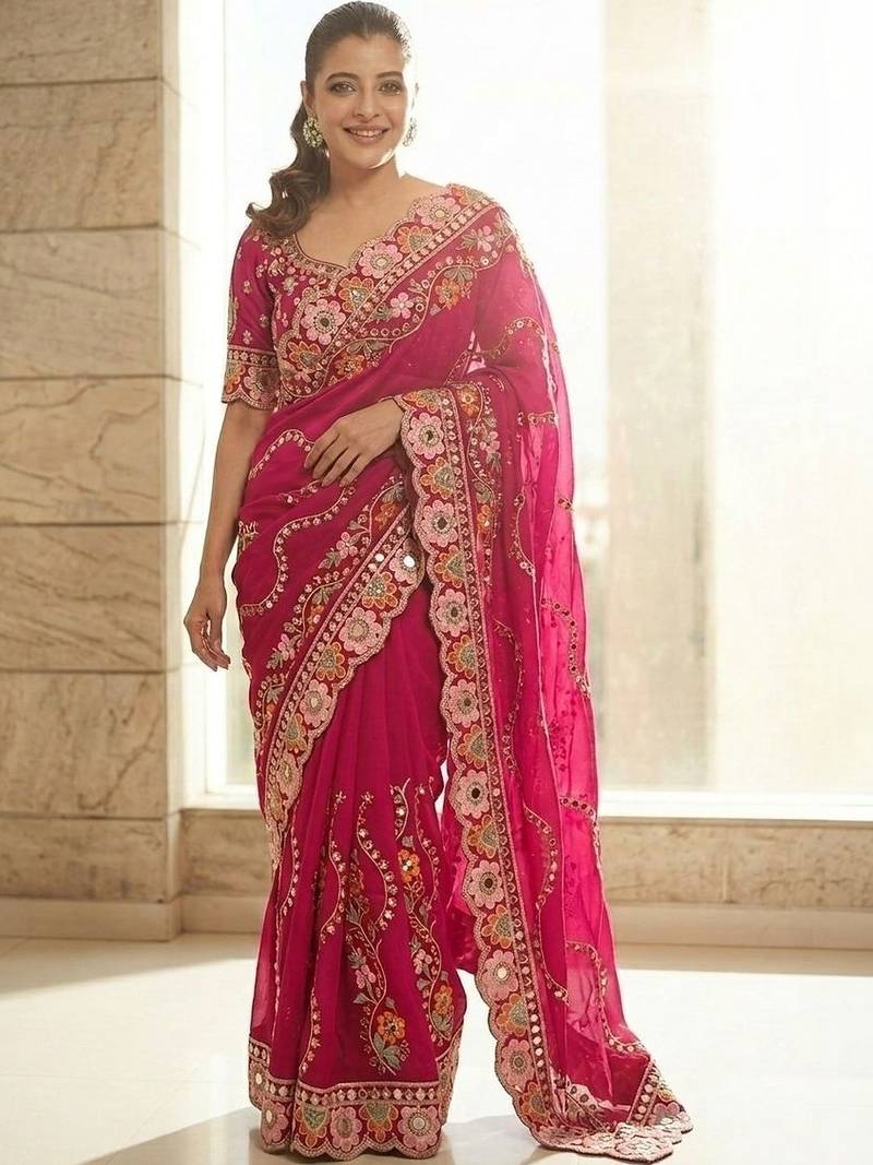 Pink floral embroidered satin saree with blouse piece