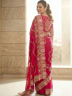 Pink floral embroidered satin saree with blouse piece 2