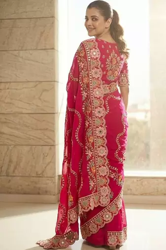 Pink floral embroidered satin saree with blouse piece