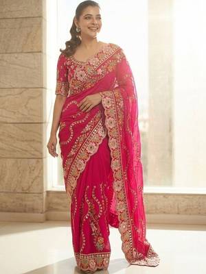 Pink floral embroidered satin saree with blouse piece 3